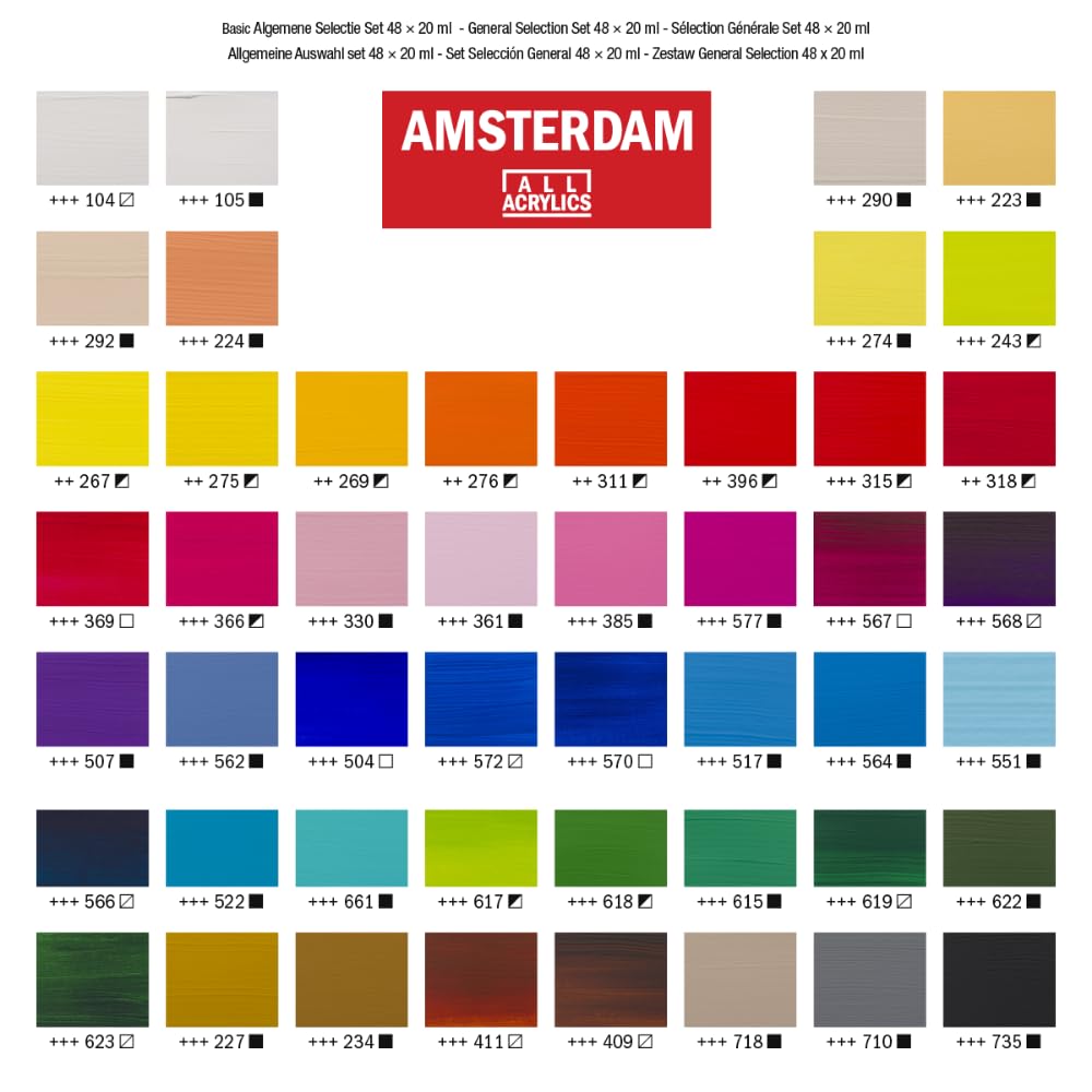 Amsterdam Set XL de Peintures Acryliques Coffret Débutant 48 Couleurs + Blanc de Titane 250 ml | Peintures Acryliques de Haute Qualité pour Toile, Papier et Fournitures Artistiques