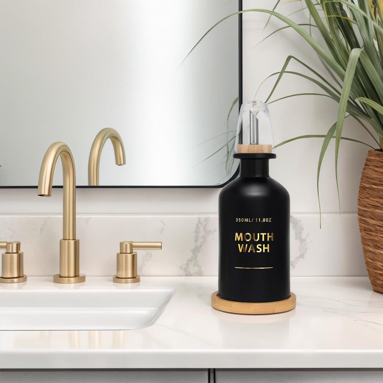 Mouthwash Dispenser for Bathroom 11.8oz – Glass Mouthwash Bottle with Cup & Bamboo Tray, Gold Hot-Stamped Lettering, Silicone Base, Modern Bathroom Accessory (Black) - Image 3