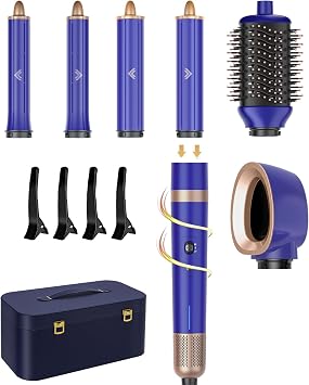 T-GOGO Hair Dryer Brush Professional 6 in 1 Hot Air Hair Styler & Dryer Set, Powerful Hair Air Curling Iron High-Speed Negative Ionic Blow Dryer, Auto-Wrap, No Heat DamageBlue