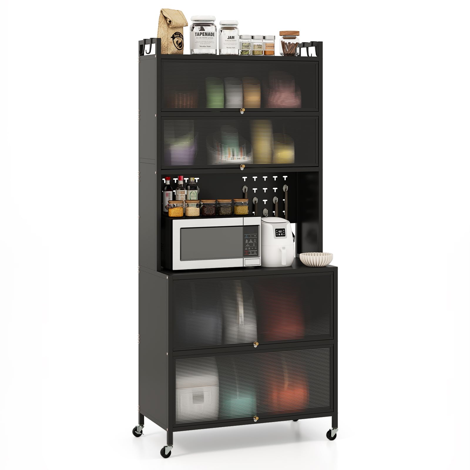 FANTASK Küchenschrank, Küchenregal auf Rollen mit Arbeitsplatte, Lochwand, Haken, transparenten Türen, Buffetschrank für Mikrowelle, Hochschrank für Küche, Esszimmer (Schwarz, 80 x 40 x 178 cm)