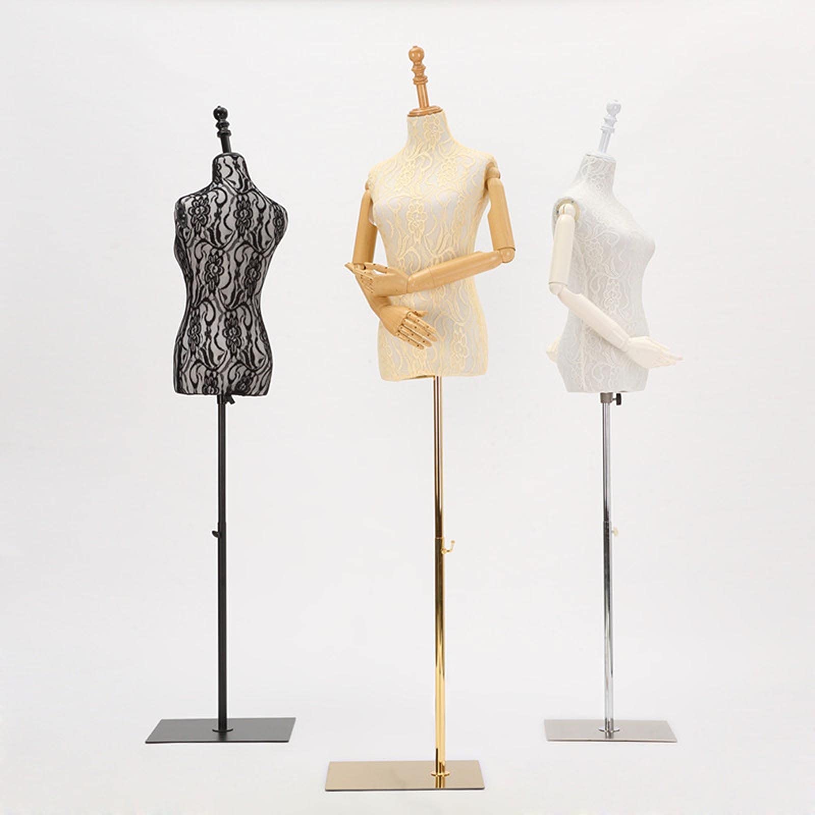Kobieca sukienka w formie manekinów Stojak z drewnianymi ramionami i koronkową tkaniną, model dla dorosłych z regulacją wysokości do ekspozycji odzieży(White,Medium)