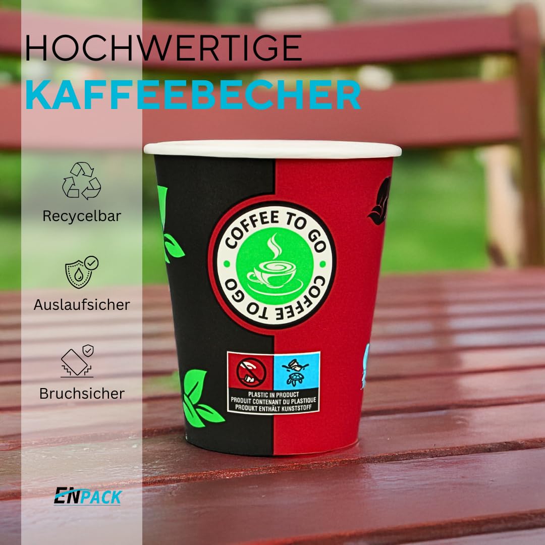 Enpack 1000 Schwarz/Rote Pappbecher 200 ml aus Kraftpapier - Kaffeebecher to go zum servieren von Tee, Kaffee, Glühwein oder anderen Getränken - Coffee To Go Becher