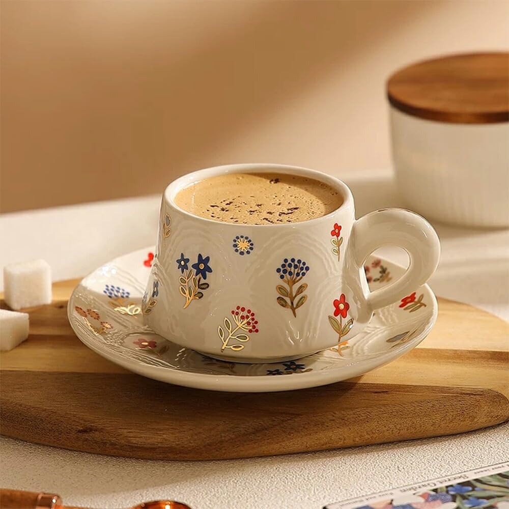 Amazon.co.jp: 美しい 花柄 マグカップ＆プレート 白陶器 コップ