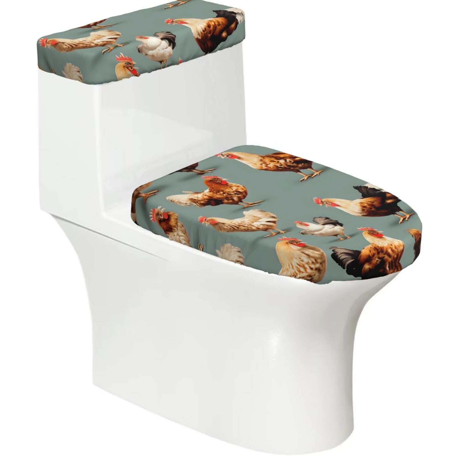 Chicken Prints Printed Toilet Tank and Lid Cover Set of 2 for Most Bathrooms, Fits Elongated Round Toilets