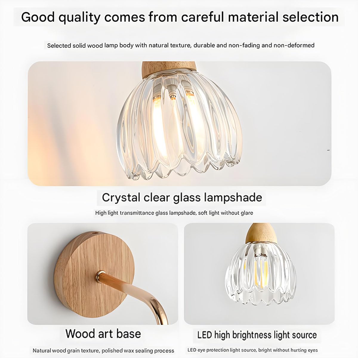 Drewniany kinkiet wewnętrzny, lampa ścienna w stylu vintage z kwiatowym wzorem, klosz z przezroczystego szkła, lampka nocna E27, lampa industrialna w stylu retro z okrągłą podstawą do salonu, sypialn