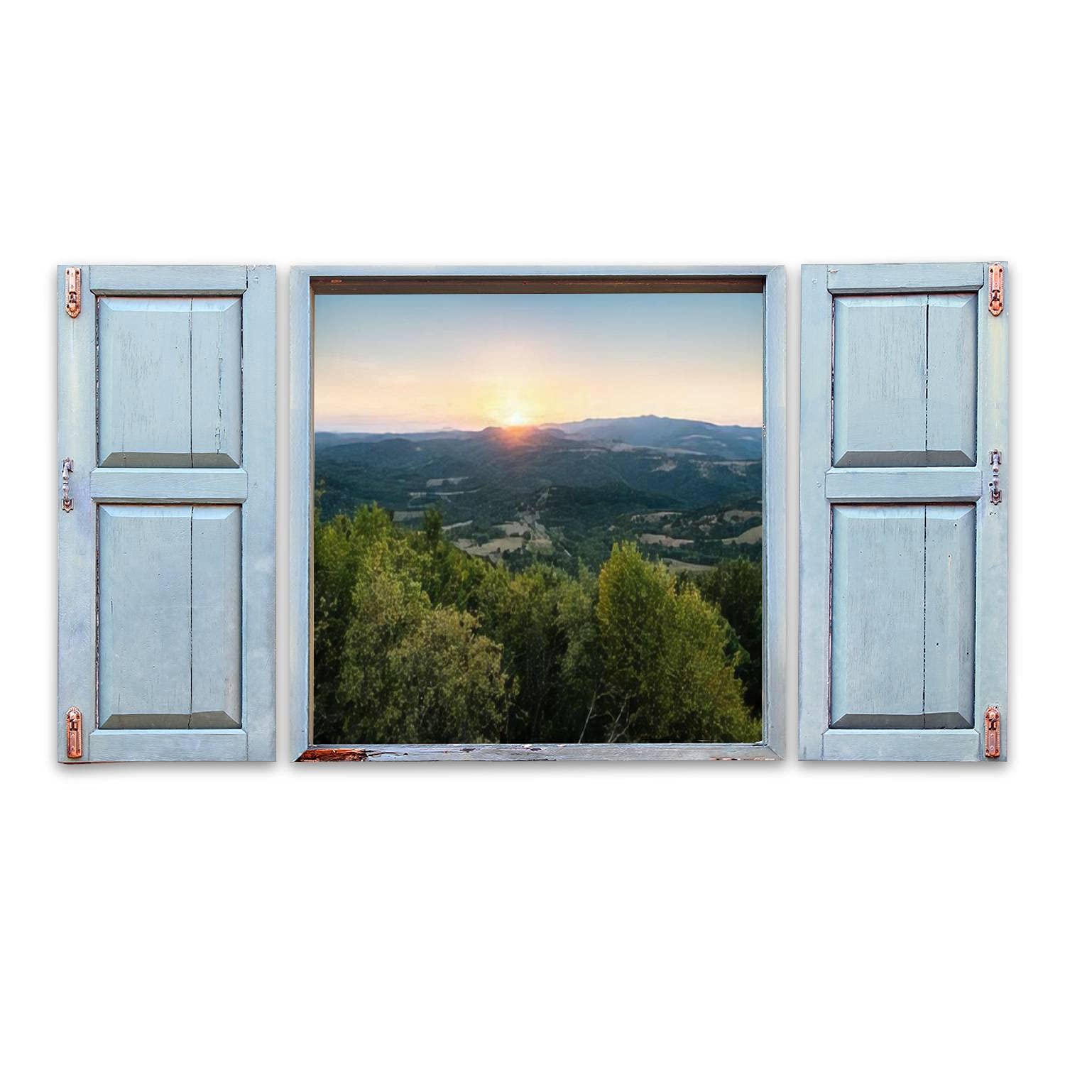 Old Window Frame Style Wall Art 3D Sunsen into the Mountains and Rocky Hills Beautiful Landscape View of Canvas Printed Window Frame Wall Art for Office, Living Room, Bedroom Home Decor
