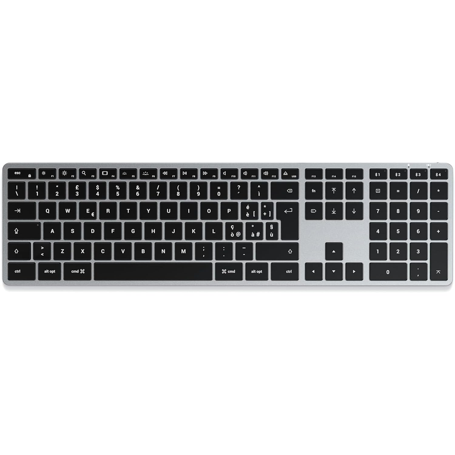 SATECHI Slim X3 Bluetooth Tastatur, IT-Layout, beleuchteter Nummernblock, kompatibel mit vielen Geräten – für MacBook Air & Pro M5 M4, Mac mini, iPad Air & Pro & mehr – Space Grau IT