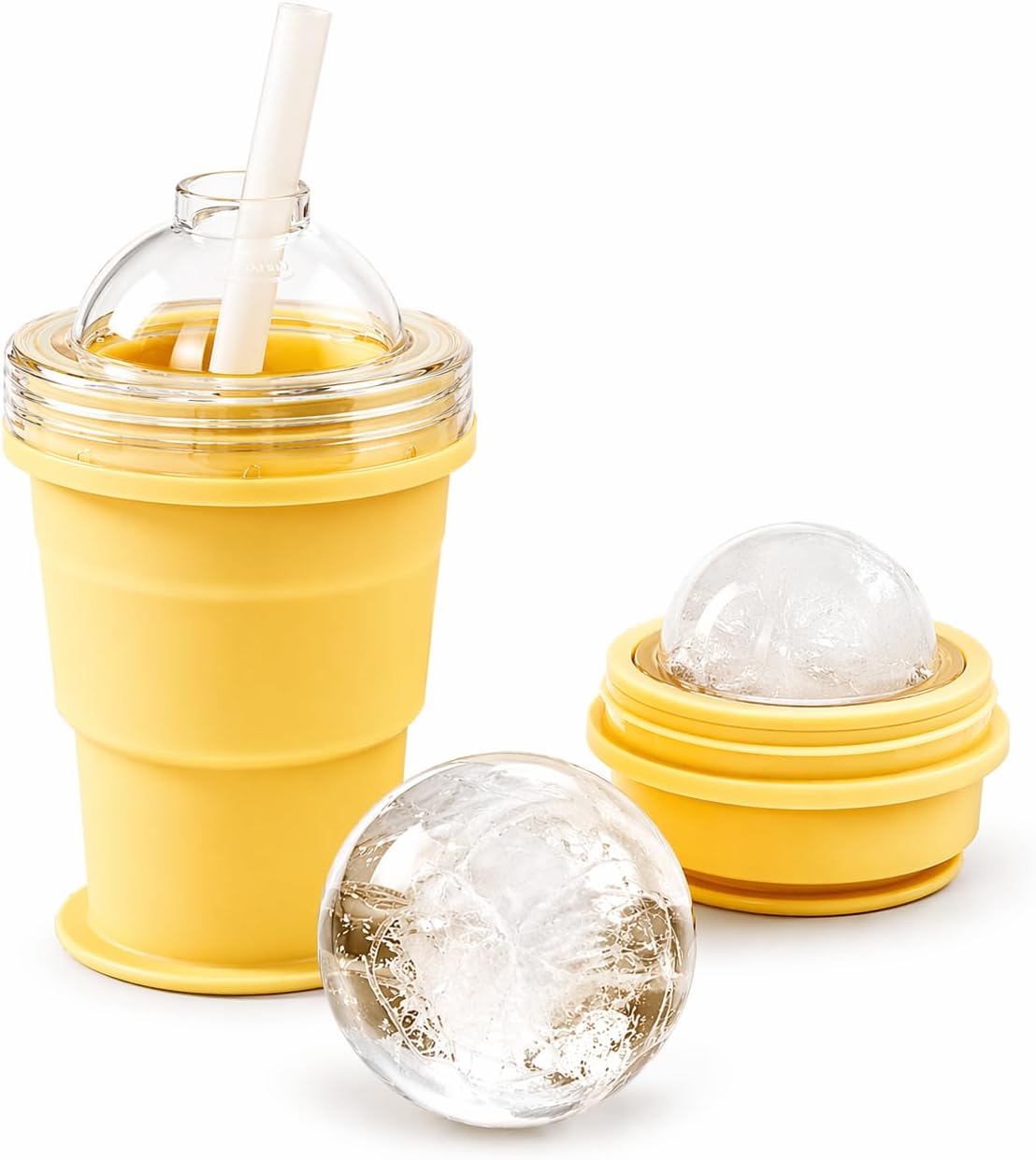 Foldable Ice Ball Cup with Straw, 2-in-1 Silicone Mold & Collapsible Travel Tumbler, Large 6cm Sphere Maker, Portable Drink Cup, 325ml (YELLOW)
