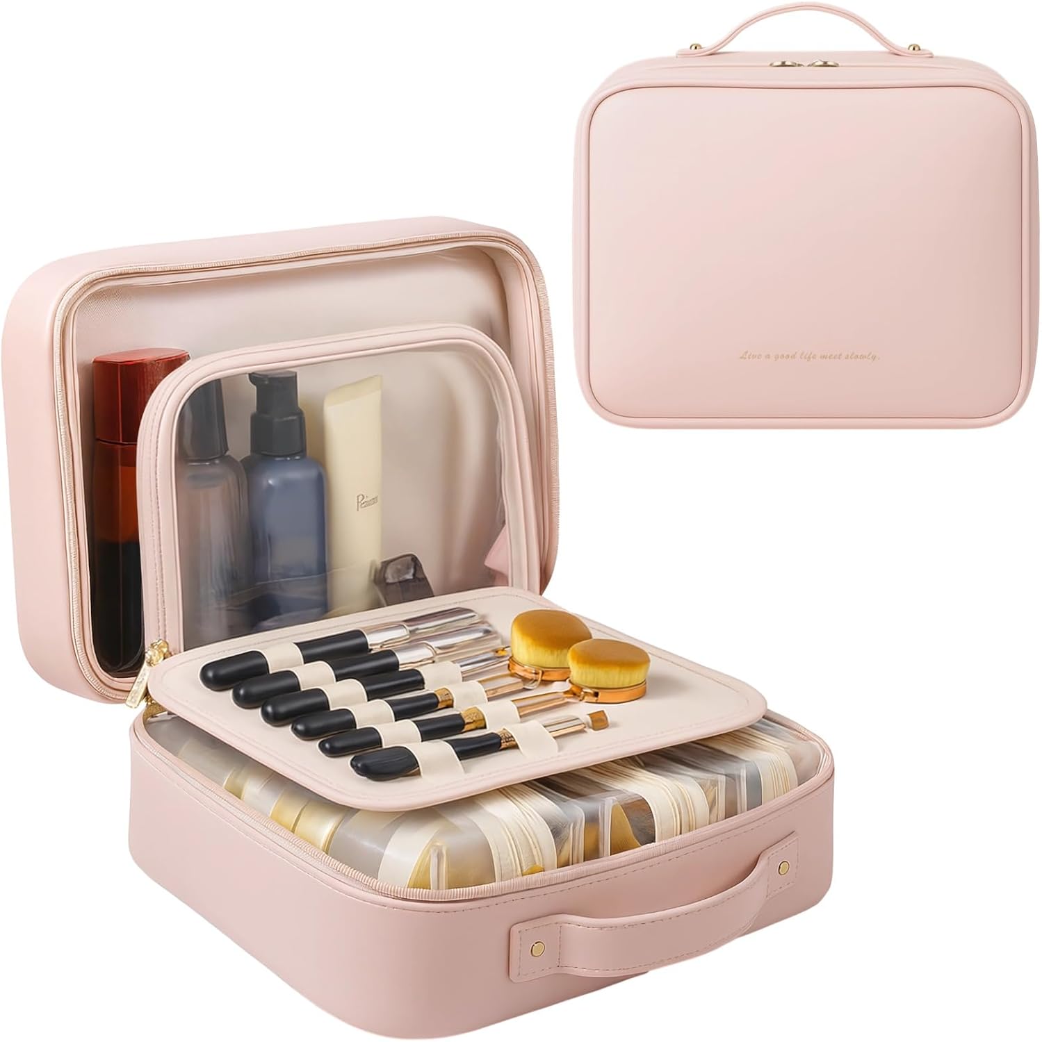 OMISTAR Travel Make Up Bags for Women - 12.2 in Cosmetic Toiletry Bag with Compartments, Long-lasting Waterproof PU Leather with Soft Removable Brush Compartments & Organized Multiple Pockets - Image 2