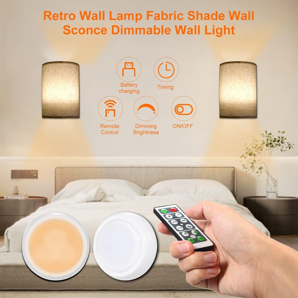 Lampada da Parete retrò con Paralume in Tessuto, Luce dimmerabile e Telecomando, Ideale per Camera da Letto e Soggiorno, Disponibile in 3 Colori.