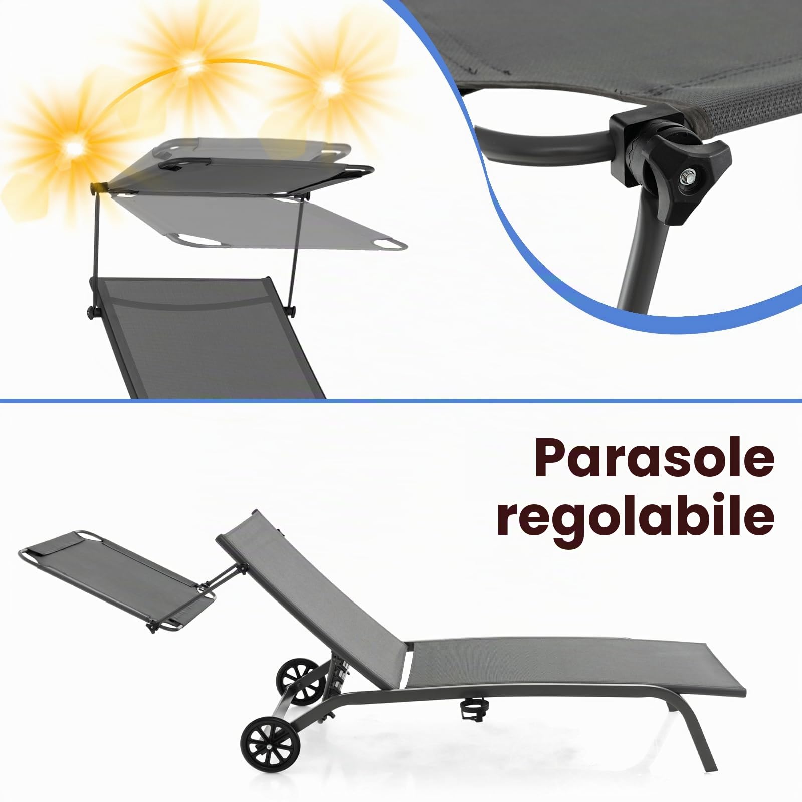 KOMFOTTEU Lettino Prendisole con Ruote e Tettuccio Parasole，Grigio：1 | Sedia a Sdraio con Portabicchiere, Schienale Regolabile in 5 Livelli, in Tessuto Textilene, Portato 150 kg, da Giardino