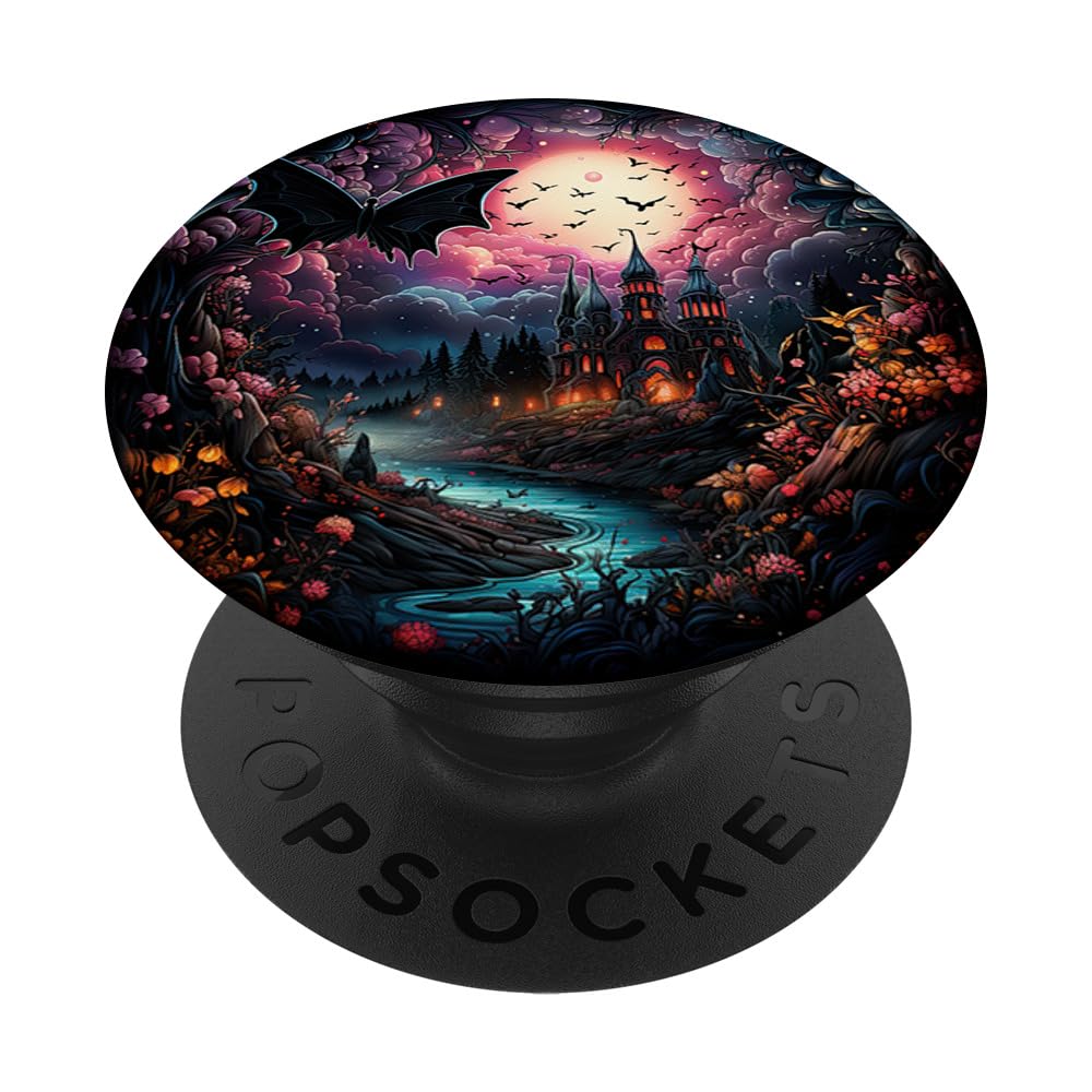 Gothic bat Spooky Bats in Front of Moon at Night and Castle PopSockets Adhesive PopGrip