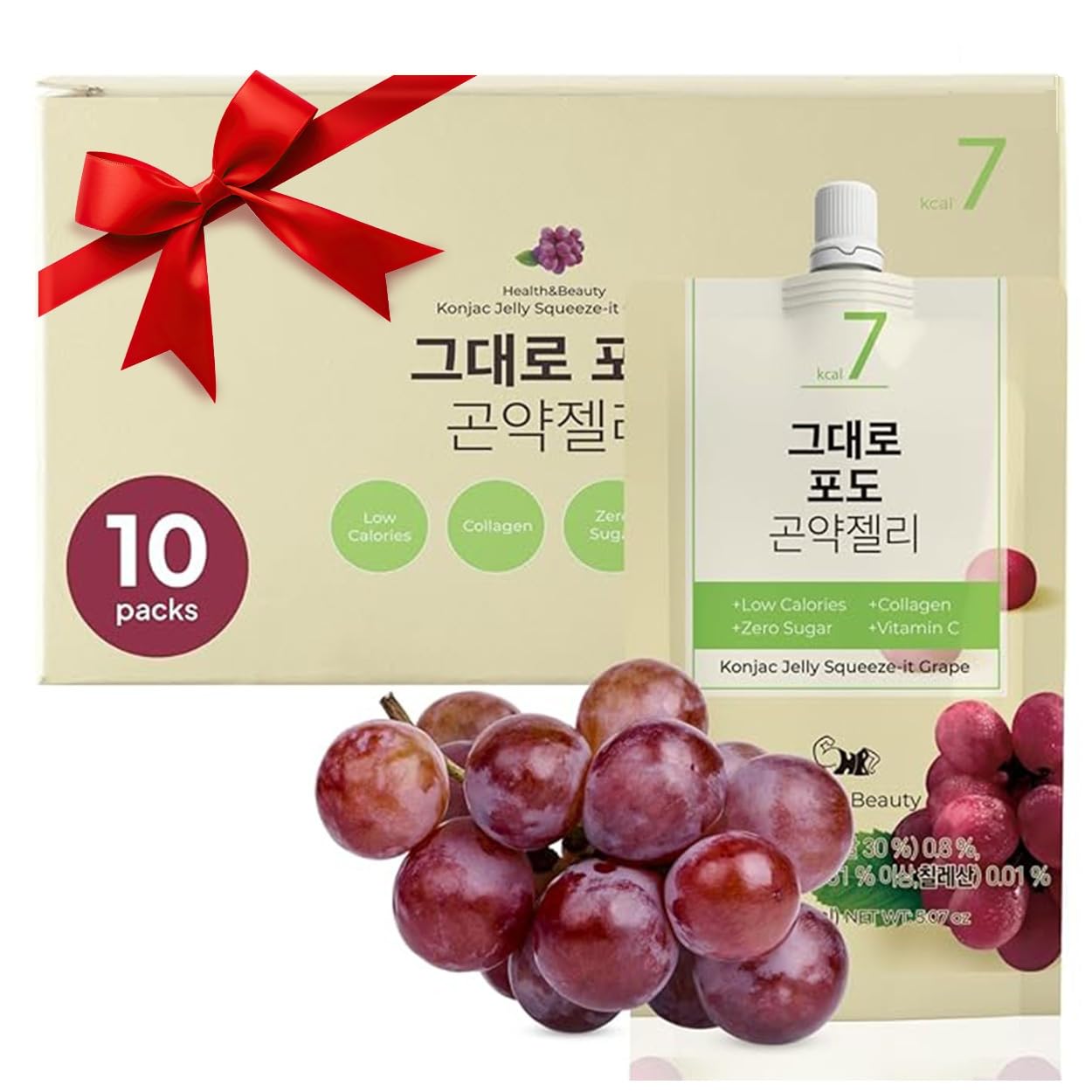 Korean Food Low Calories Squeeze Konjac Jelly, Peach Flavor, Fish Collagen, Vitamin, Zero Sugar, Chewier Texture, Health&Beauty (Net WT 5.07 oz, Pack of 10) 곤약젤리