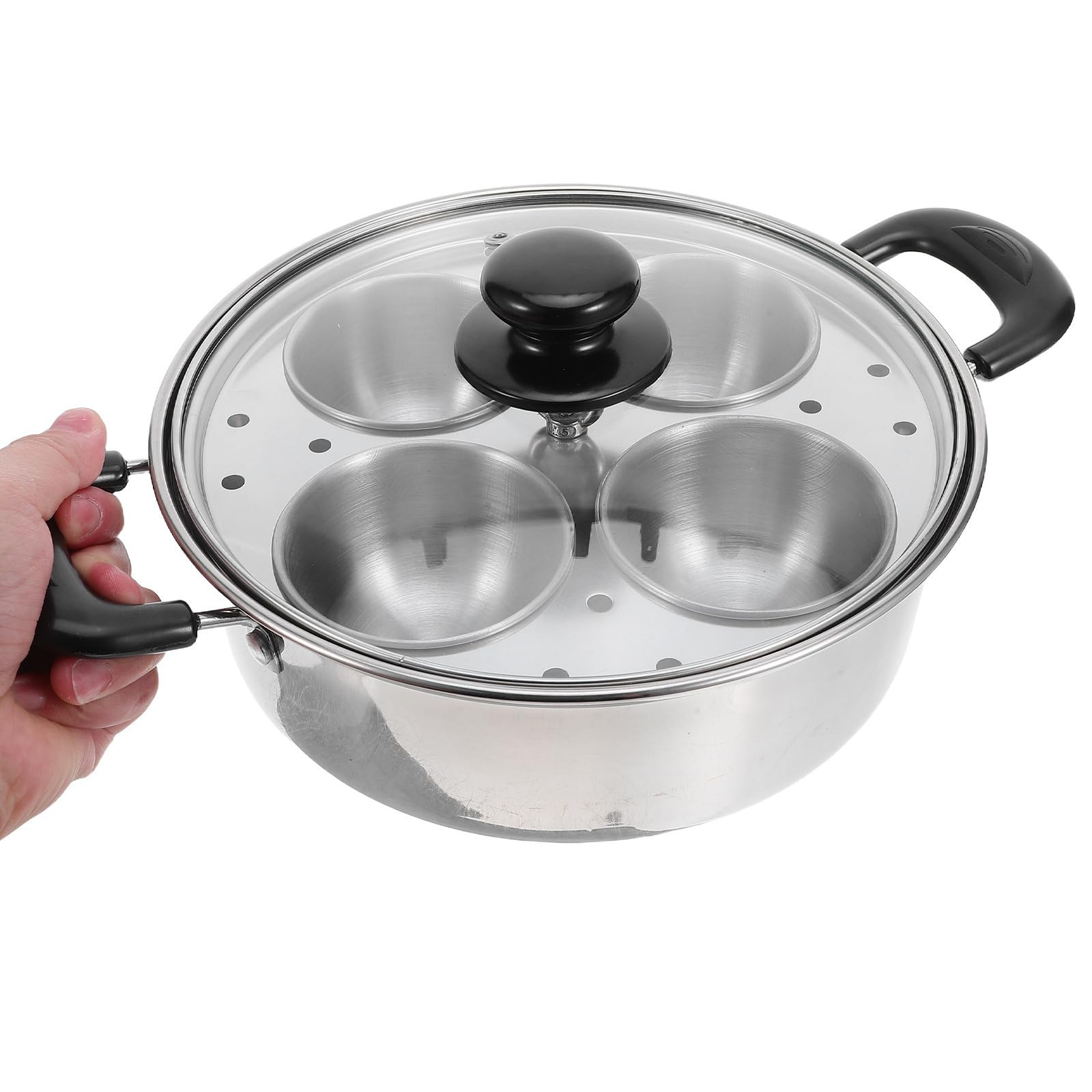 Operitacx Cocedor de Huevos al Vapor de Acero Inoxidable Plata 4 Tazas | Tazas Desmontables, Tapa con Asa, Formato Compacto para Cocina Doméstica y Espacios Reducidos