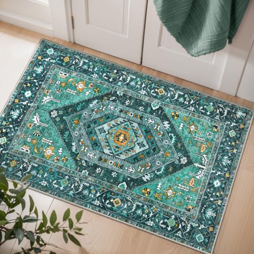 SERISSA Boho Rugs for Entryway, 2x3 Teal Entryway Rug Non-Slip Washable Small Area Rug, Ultra Soft Oriental Vintage Low-Pile Indoor Door Mat Floor Carpet for Entrance Bedroom Kitchen Bathroom