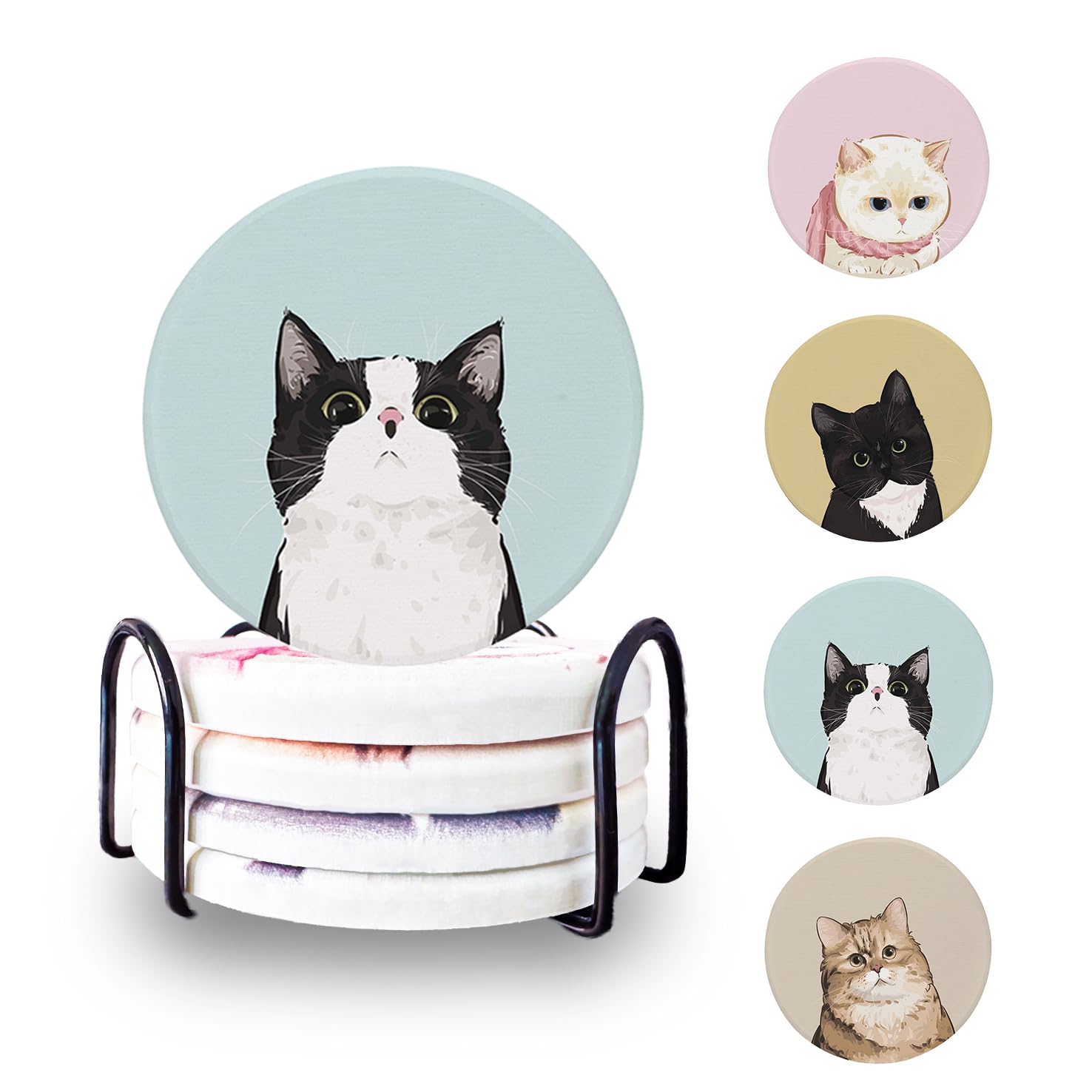 Sipoyen Drink Coasters with Holder Absorbent Coaster Sets of 4 Cute Kitty Table Coasters, Pink