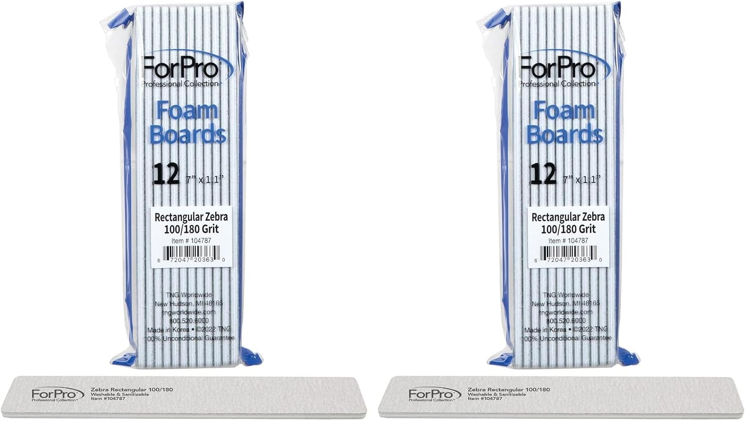 ForPro Professional Collection Rectangular Foam Boards, Zebra, 100/180 Grit, Double-Sided Manicure and Pedicure Nail Files, 7” L x 1.1” W, 12-Count