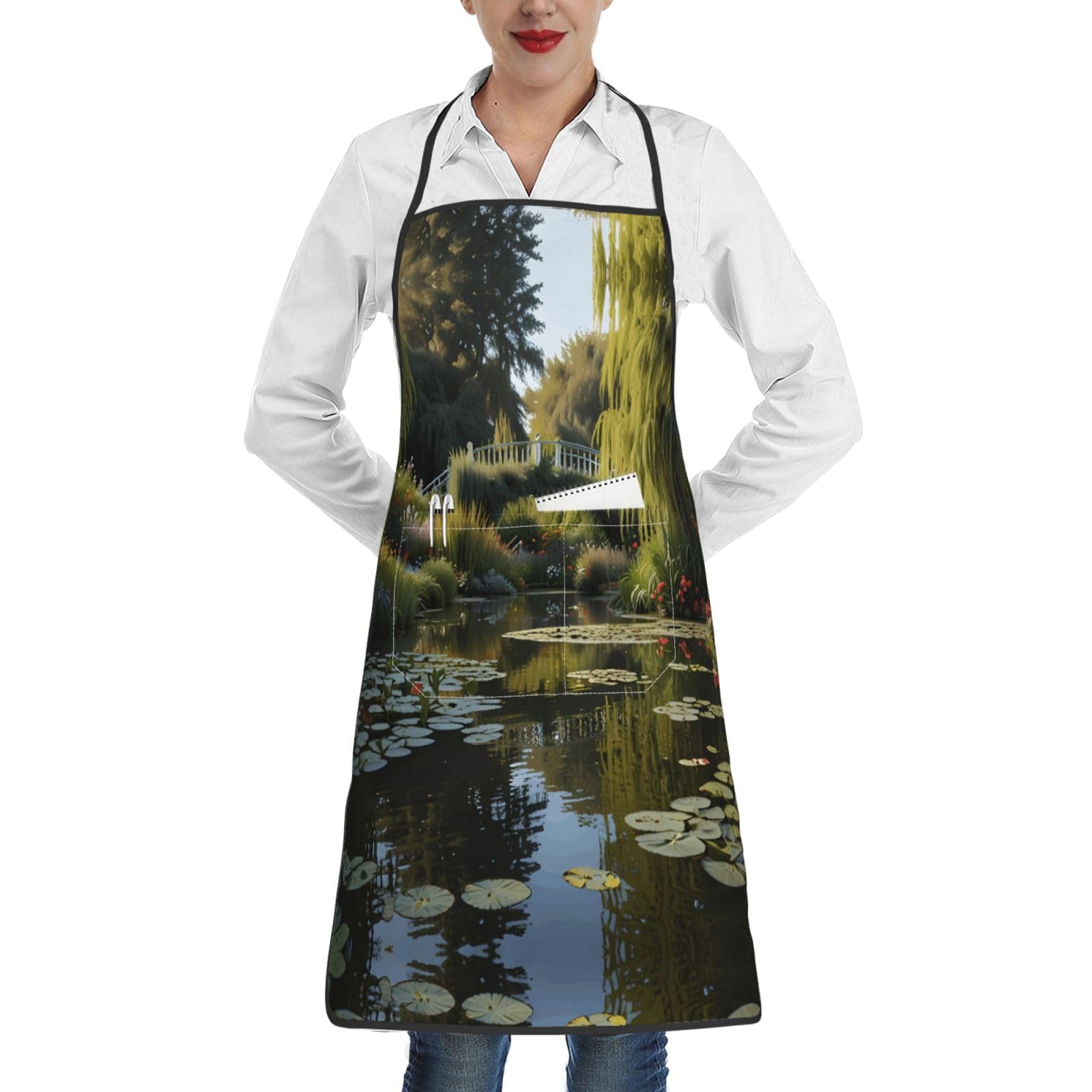 WZYCWB Monet's Garden A printed kitchen apron with pockets and hem perfect for cooking baking painting and housework