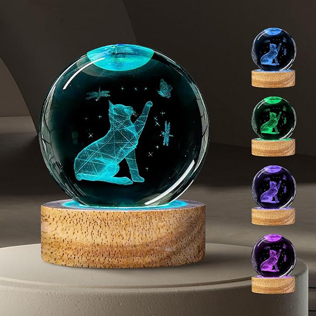 3D Crystal Ball Lamp with 16 Colors Changing LED Wooden Base - Solar System Night Light, Galaxy Lamps, Galaxy Crystal Ball Light with USB (16 Color Hand Cat)