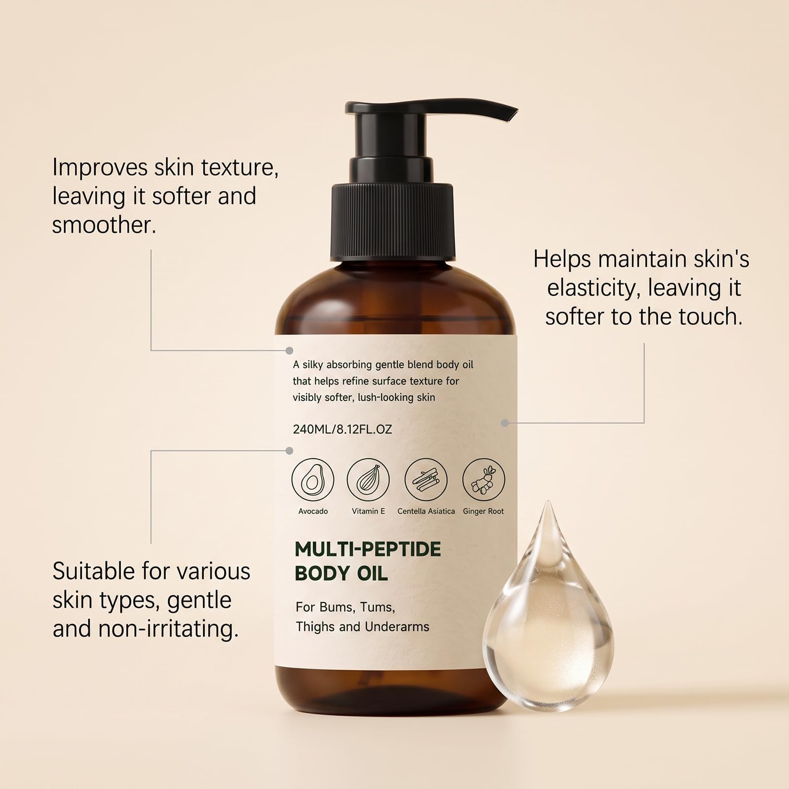Olio corpo multi-peptidico, olio corpo anti-età per rassodare la pelle, ridurre le linee sottili, risollevare i tessuti rilassati e rendere la pelle più liscia