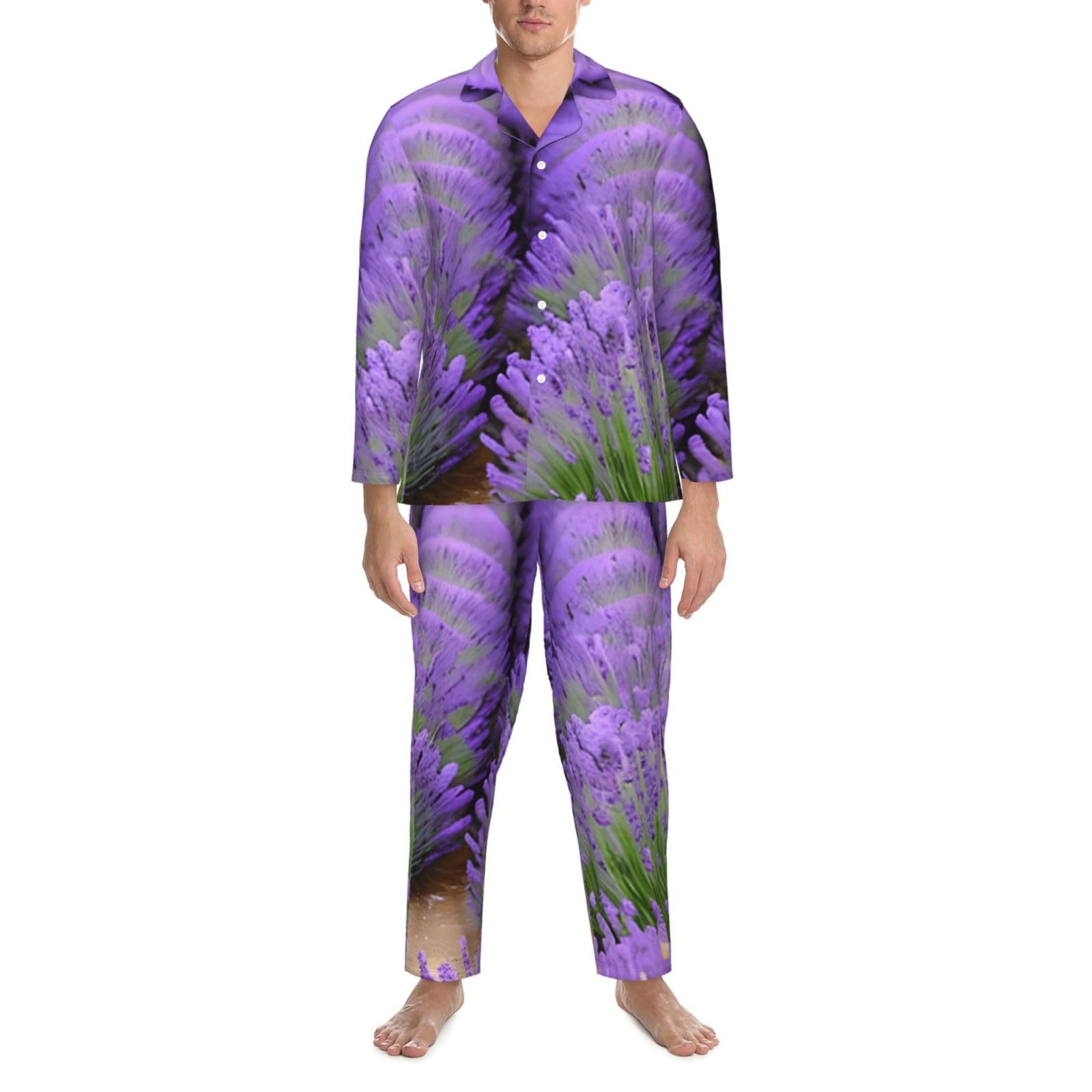 Romantico Lavanda Stampa Uomo Manica Lunga Pigiama Set Pigiameria Due Pezzi Casa Viaggio Outfit Lounge Pantaloni
