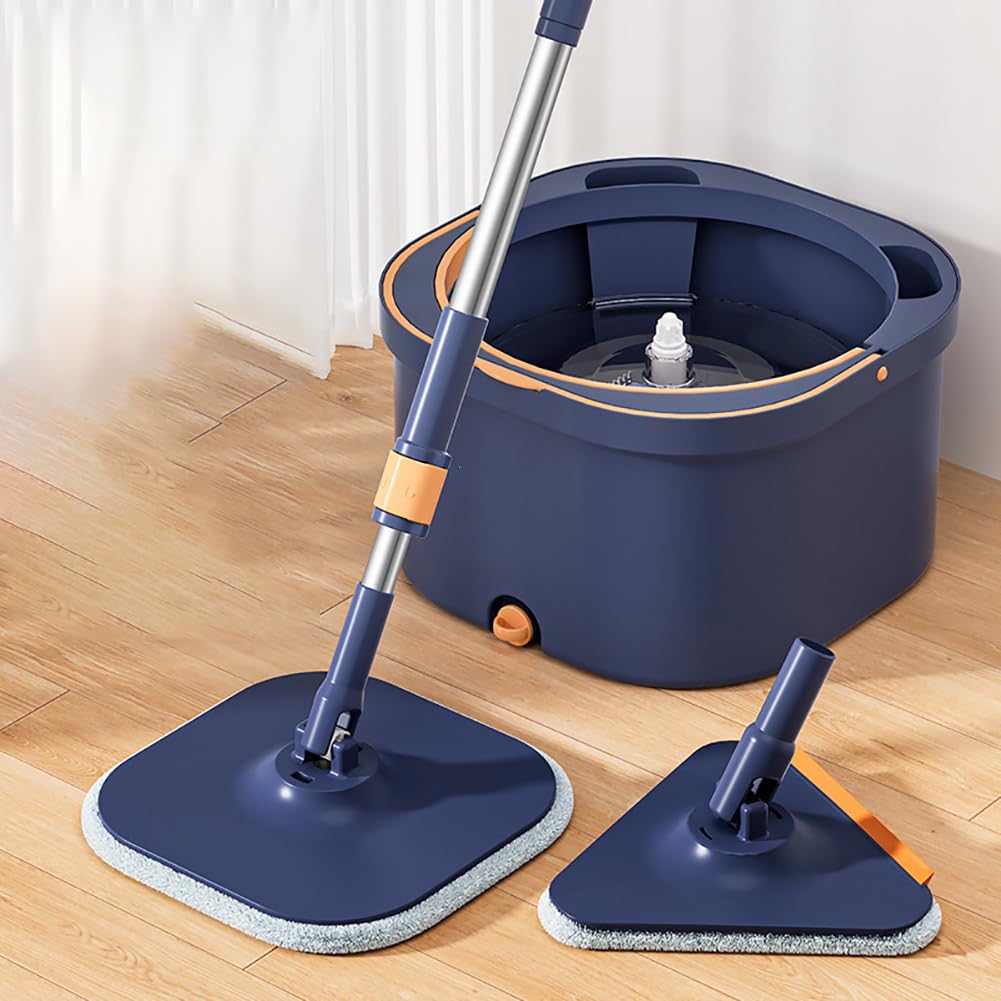 Juego De Cubeta para Fregona Doméstica Manos Libres, con Juego De Escurridor Y 6 Recambios De Fregona De Microfibra, Diseño Separado De Doble Cubeta,Azul