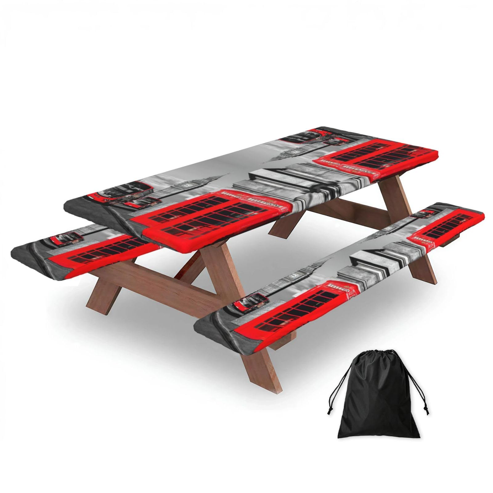 Zyjhyy Black England Uk Retro London Telephone Print 3 Pack Wipeable Picnic Bench Cover And Table Cover Lightweight Table Cloth For Camping Outdoor