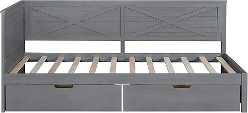 Miniatura 7 de JIVOIT Cama de plataforma capitán de madera maciza con estanterías en forma de L y dos cajones de almacenamiento cama de plataforma de tamaño