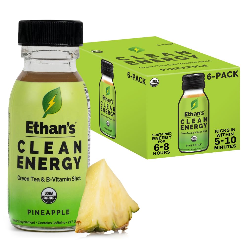 Ethan's Organic Clean Energy Shots Pineapple, 6 Pack of 2oz | 150mg Caffeine | Green Tea, Guayusa, Lion's Mane &amp; Cordyceps | Sugar-Free, Vegan, Gluten-Free, USDA Organic