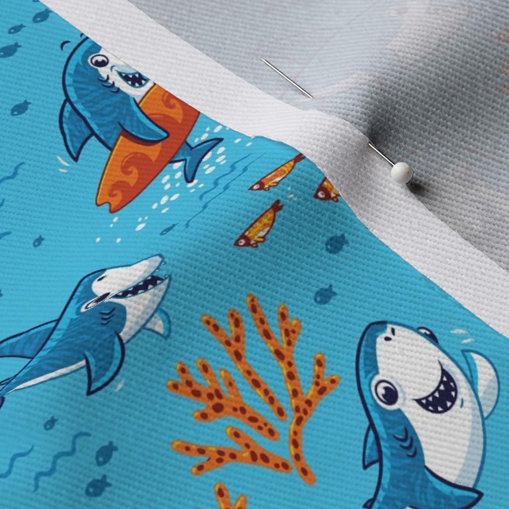 Spoonflower Fabric - Cute Sharks Ocean Nursery Summer Surf Sea Kids Blue Water Illustration Printed on Denim Fabric by The Yard - Bottomweight Apparel Home Decor Upholstery