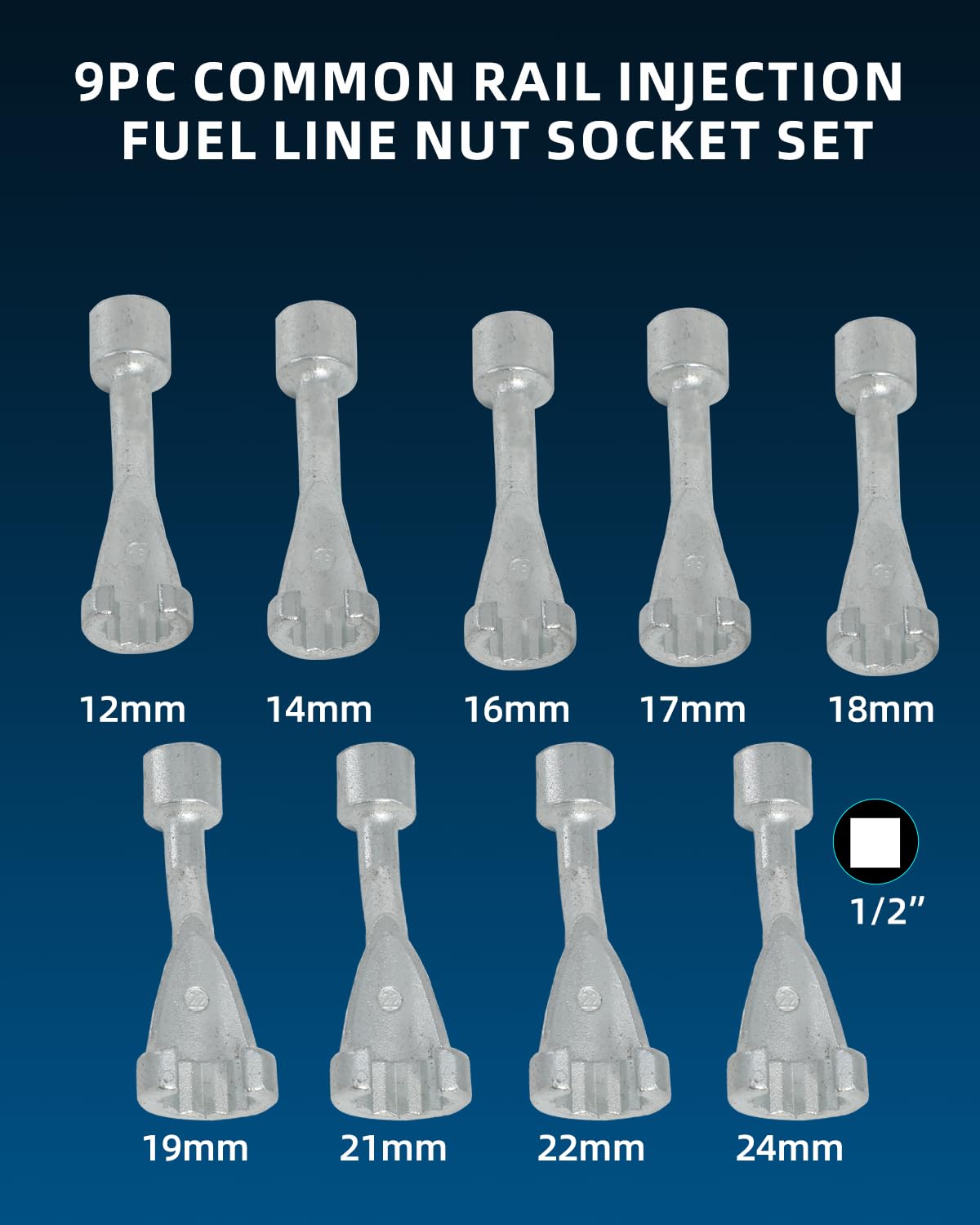 Juego de 9 enchufes de línea de combustible de inyección de riel común, 12 puntos, 1/2 pulgadas, 14 mm, 16 mm, 17 mm, 19 mm, 21 mm, 22 mm, 24 mm, sensores de temperatura de extracción