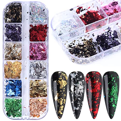 12 Colors Holographic Nail Glitter Foils Iridescent Sequins Sparkly Ultra-Thin Aluminum Foil Nail Art Flakes Design Laser Nail Sequin Designer Nail Art Supplies For Women Diy Manicure Charm Decoration #TOP6