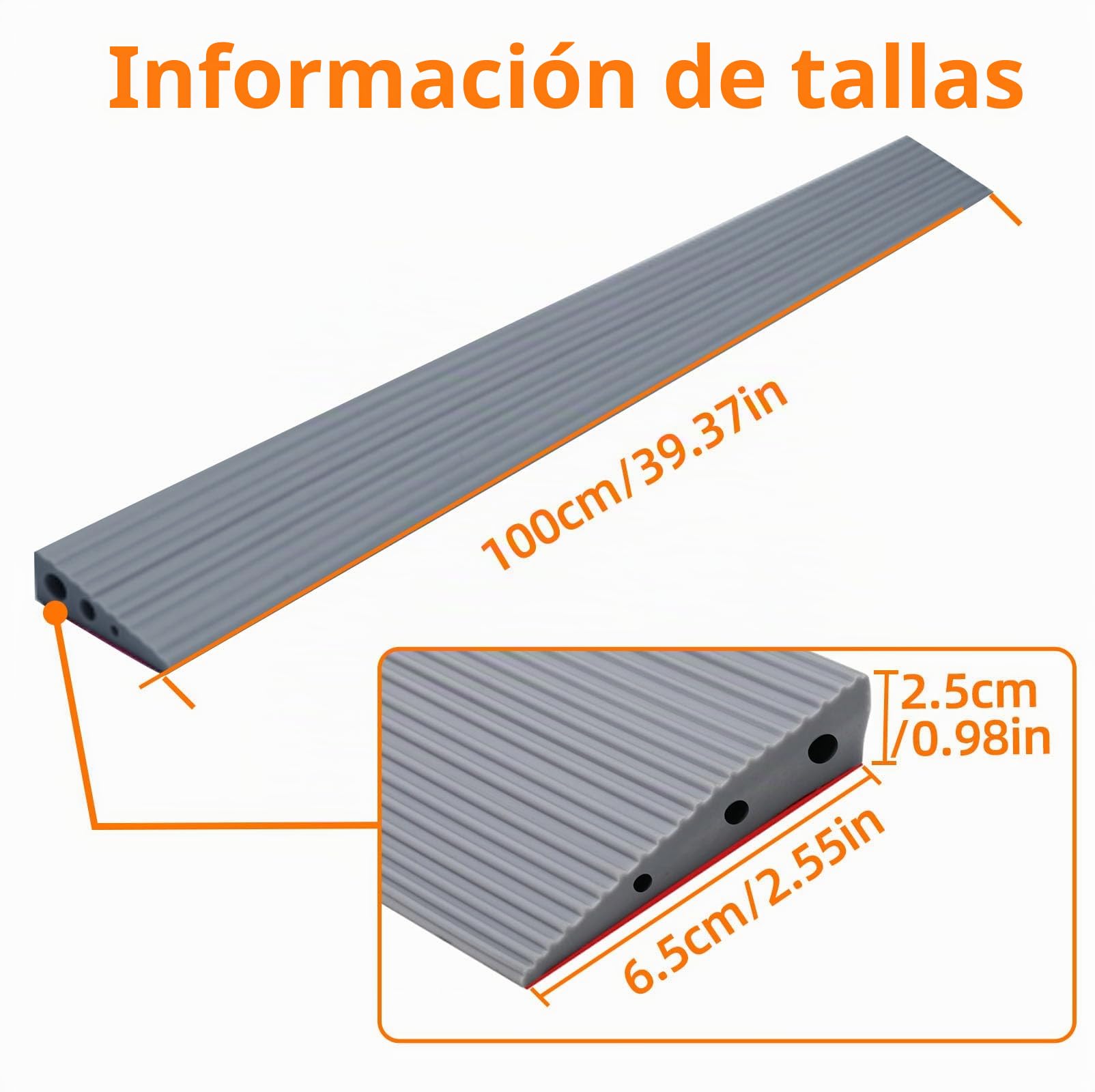 100 x 6.5 x 2.5cm Rampa Sillas Ruedas, Rampa Umbral Puerta, Rampa Escalones Superficie Antideslizante Goma PVC, Barra Transición Autoadhesiva para Andador, Scooter, Cochecito, Bordillos Rampas (Gris)