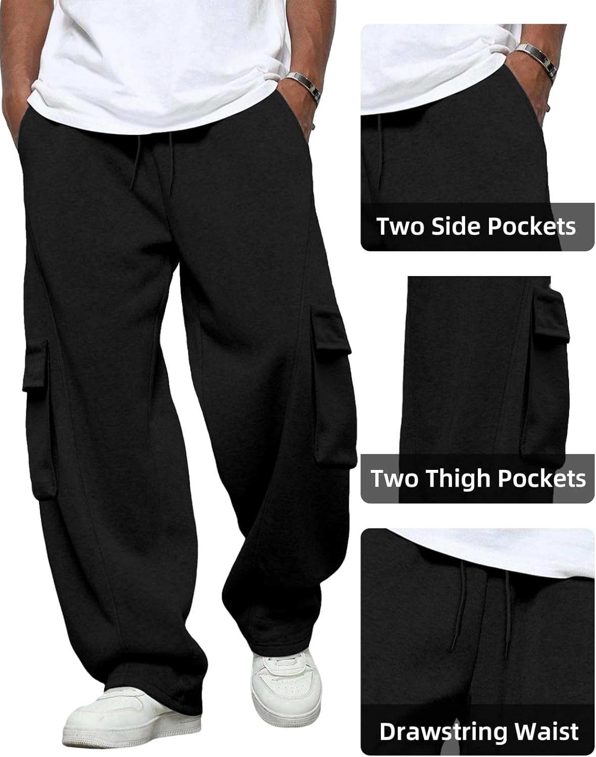 BUXKR Men's Baggy Sweatpants Wide Leg Fleece Casual Joggers Cotton Loose Drawstring Elastic Waist Pants with Pockets - Image 7