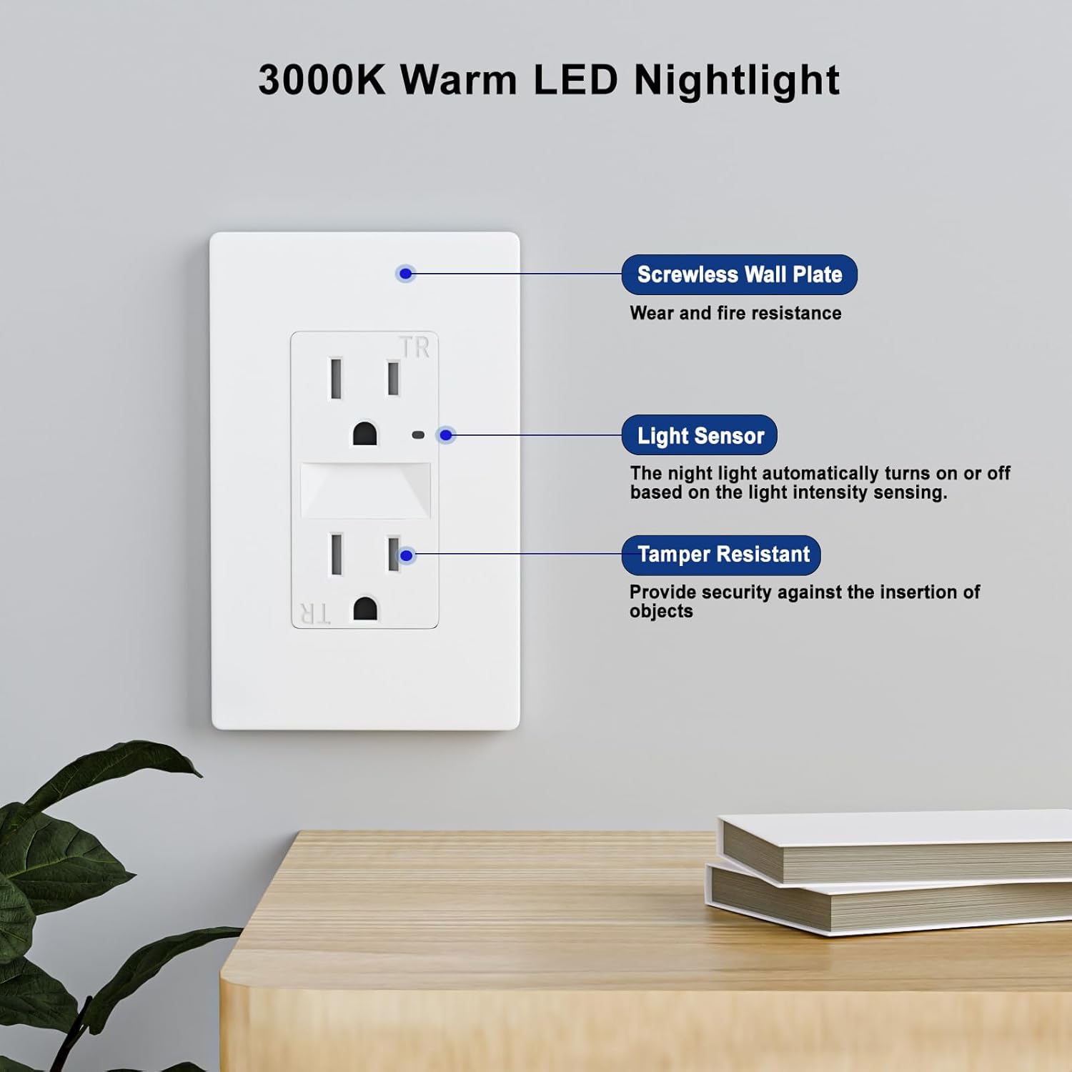 15AMP Wall Outlet with Nightlight, Dusk to Dawn, Standard Electrical Outlets, 3000K Warm LED, Tamper Resistant Outlet, ETL Listed, Screwless Wall Plate Included, 6 Pack