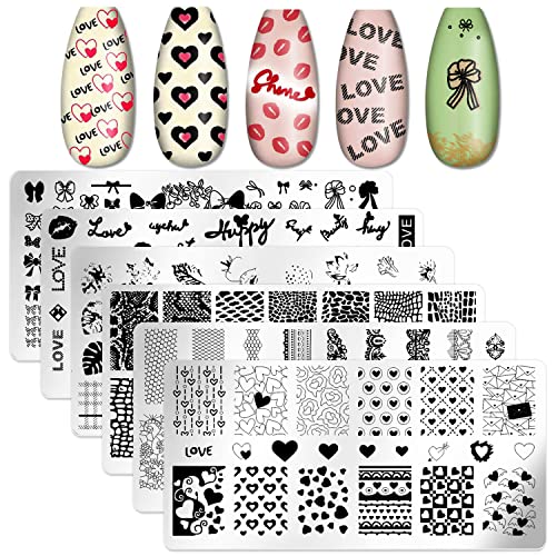 SILPECWEE 6 Pieces Nail Stamping Plate Valentine's Day Nail Stamps Heart Nail Art Stamping Kit Holiday Nail Template Plates Nail Art Supplies
