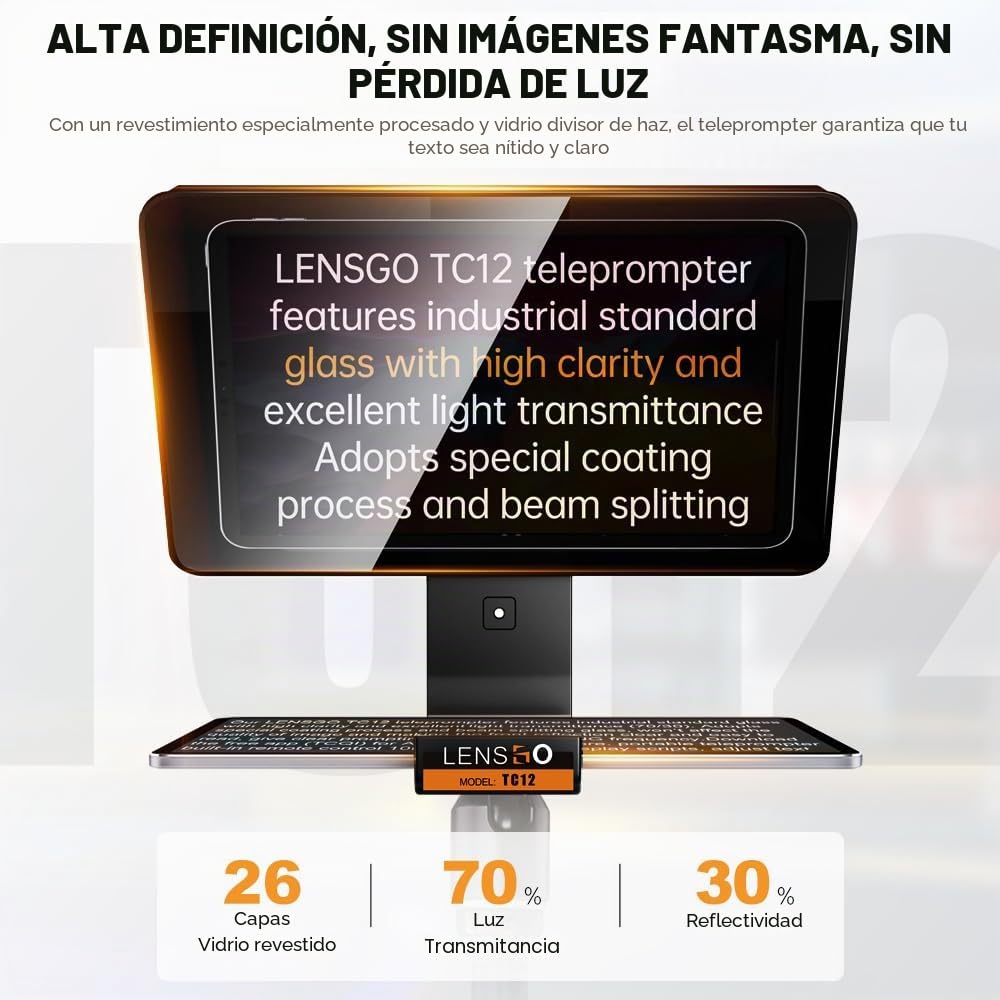 LENSGO TC12 Teleprompter para cámara DSLR/sin espejo y tablet de hasta 12,9 pulgadas. Teleprompter profesional para grabación de vídeo, vlogging, transmisión en directo.