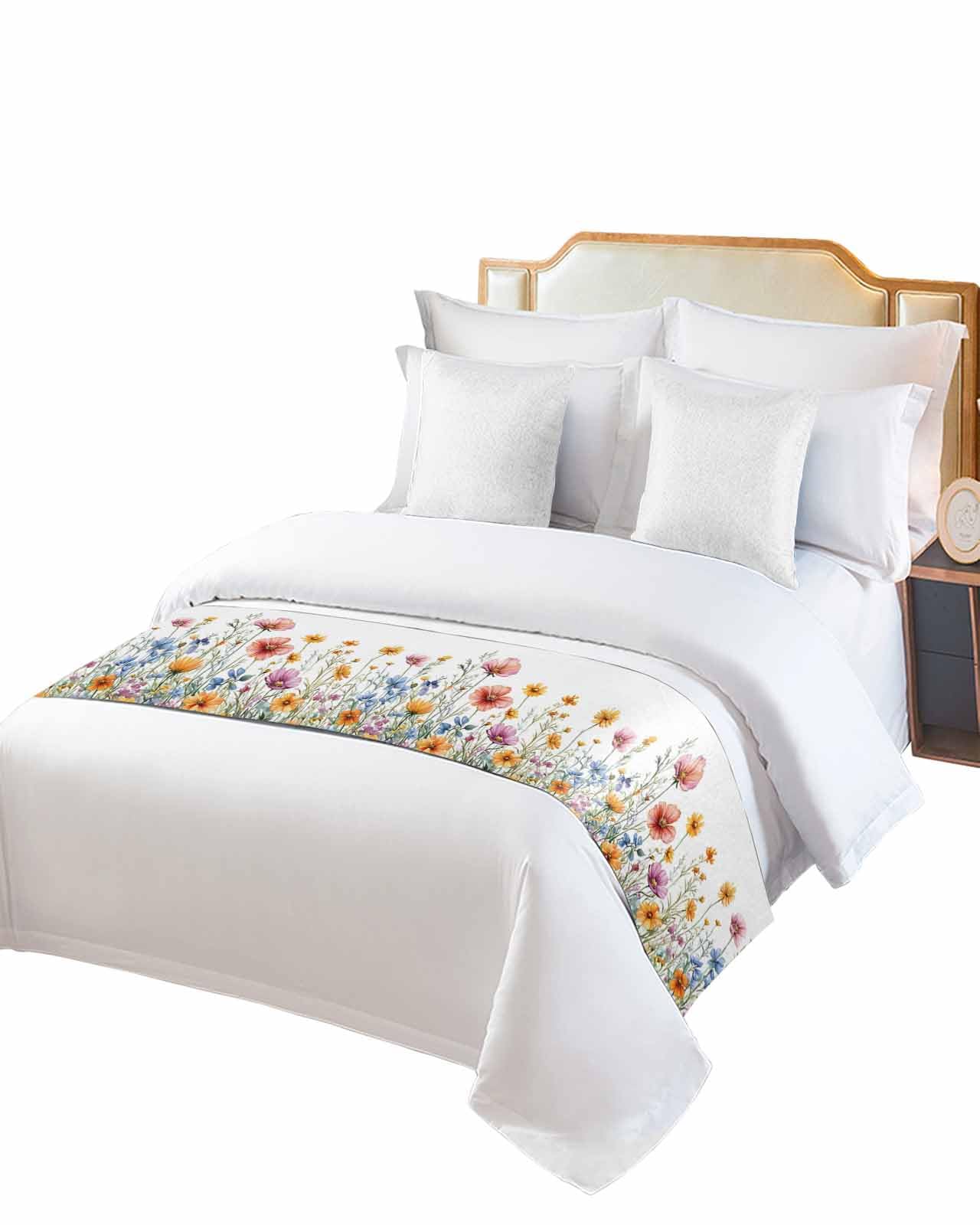 Twin Bed Runner Country Colorful Wild Flower Bedding Runner Scarves Decorative Bed Scarf, Summer Watercolor Floral Soft Bedding Scarf for Bedroom Hotel Wedding 94x20in