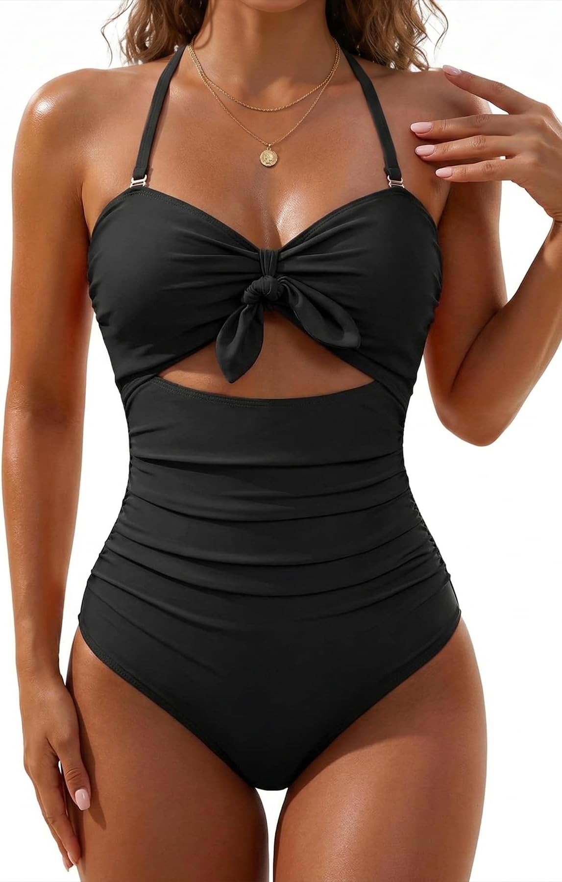 Women Sexy Cutout One Piece Swimsuits Tummy Control High Waisted Halter Front Tie Knot Bathing Suit