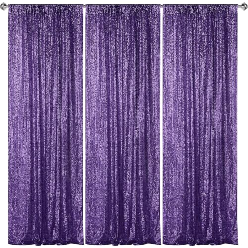 Sugargirl Purple Sequin Backdrop Curtain 3 Panels 2FTx8FT Glitter Purple Background Drapes Sparkle Photography Backdrop for Party Wedding Birthday Wall Decoration