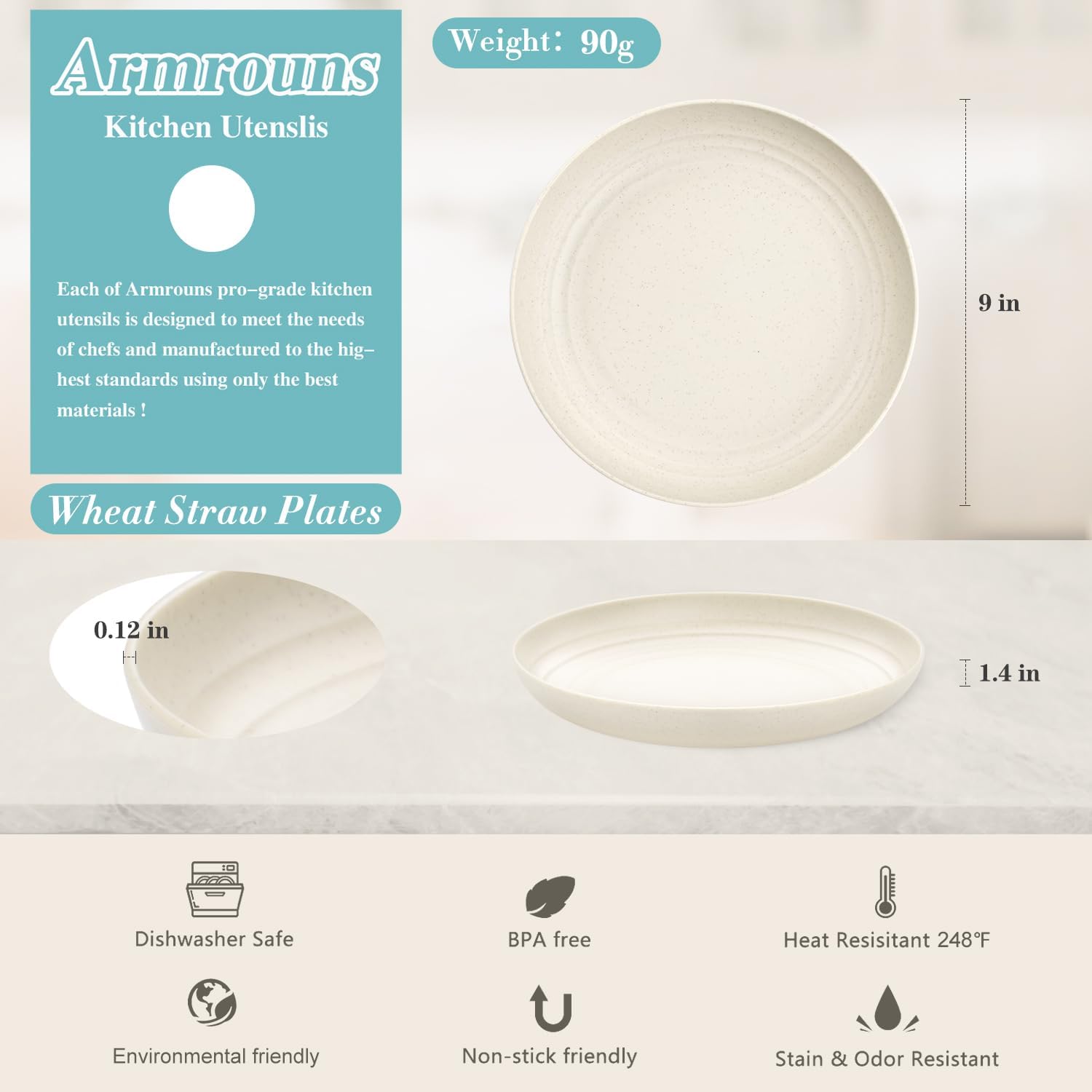 9 Inch Wheat Straw Plates Lightweight Unbreakable Dinner Dishes Plates 4PC Set Dishwasher & Microwave Safe Plastic Reusable