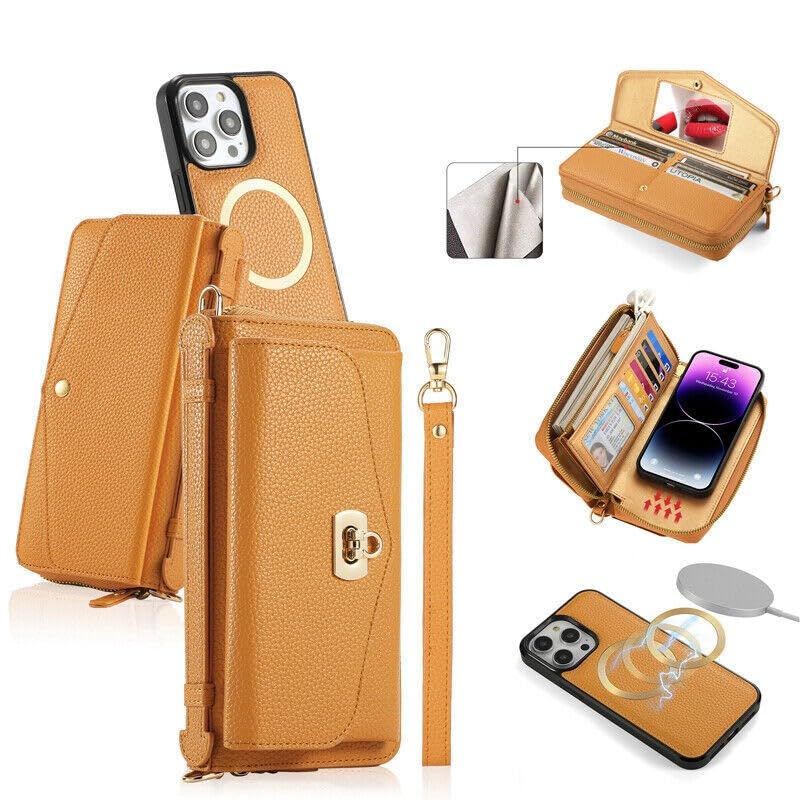 Étui compatible avec iPhone 15 en cuir grainé orange à rabat - 4