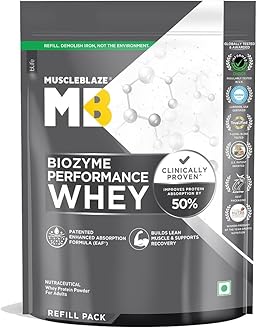 Biozyme Performance Whey Protein Powder, Rich Chocolate (1kg Refill Pack) | 25g Protein Per Scoop | Clinically Tested 50% Higher Protein Absorption