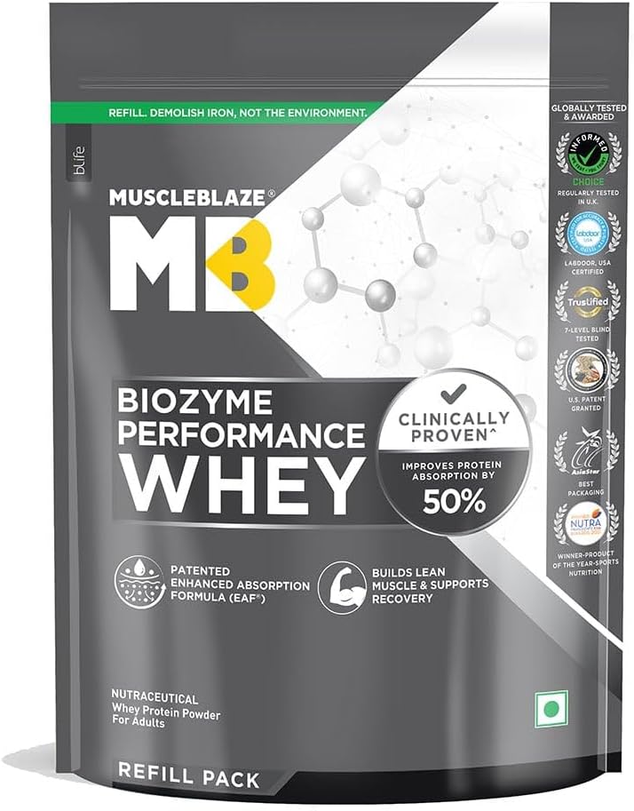 Biozyme Performance Whey Protein Powder, Rich Chocolate (1kg Refill Pack) | 25g Protein Per Scoop | Clinically Tested 50% Higher Protein Absorption