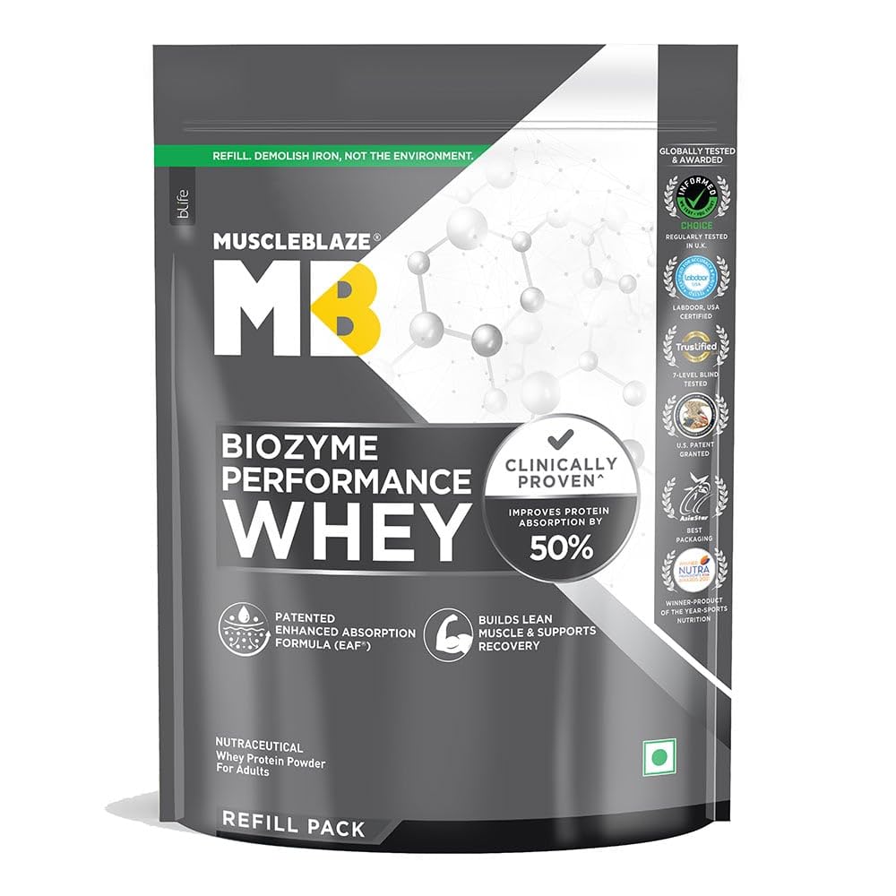 MuscleBlaze Biozyme Performance Whey Protein Powder, Rich Chocolate (1kg Refill Pack) | 25g Protein Per Scoop | Clinically Tested 50% Higher Protein Absorption
