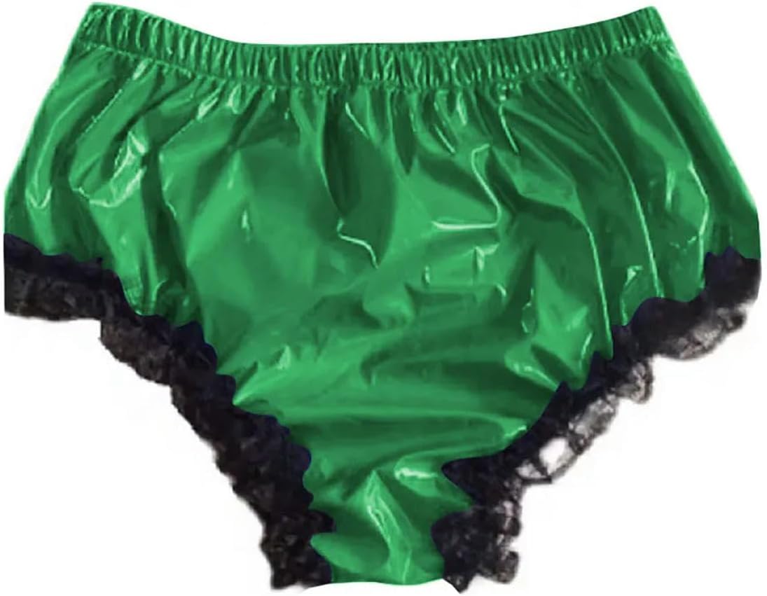 Mens Lace Ruffled Frilly PVC Briefs Lingerie Underwear Soft Thong Underpants Male Pink Leather Panties customizable