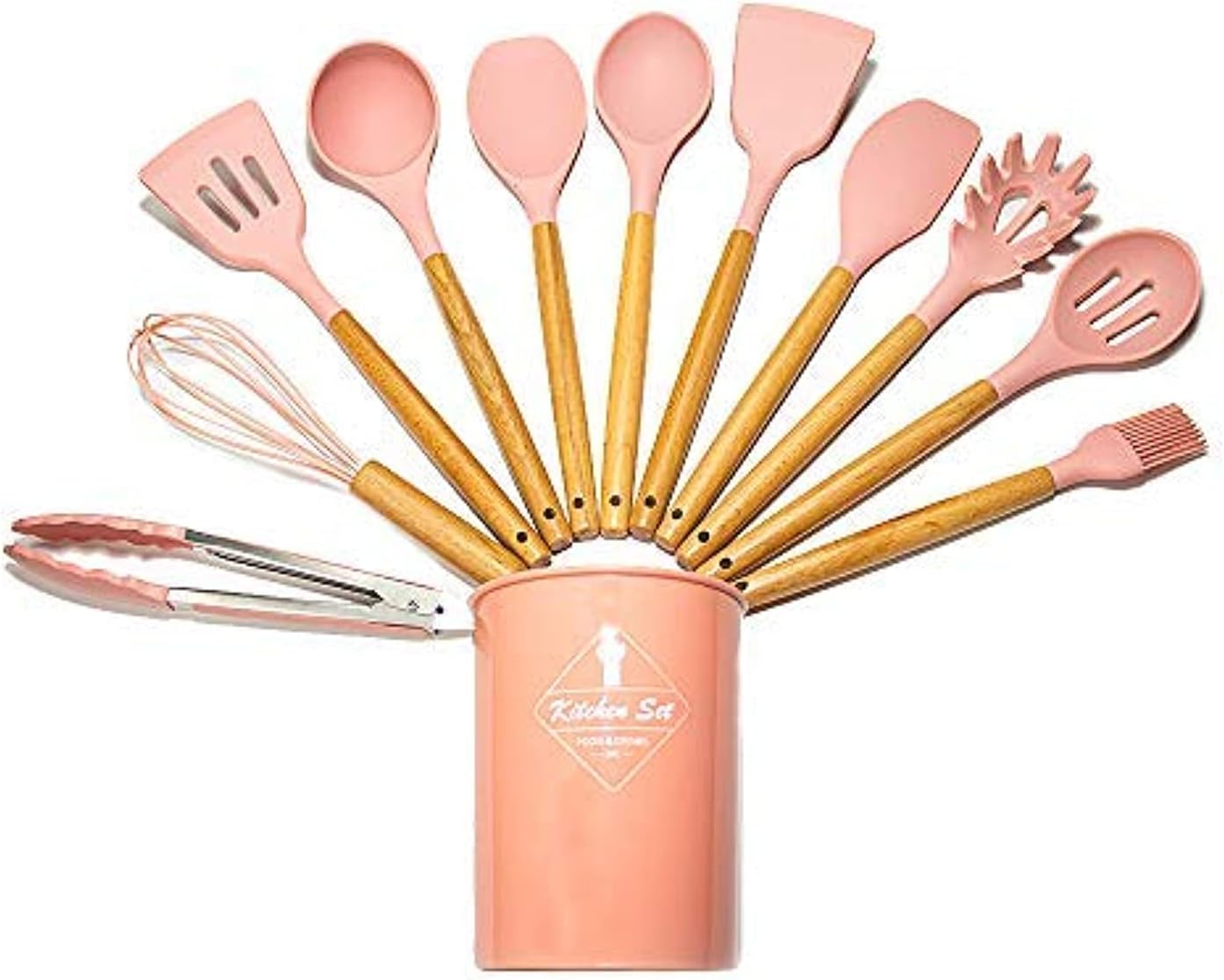 11 Pieces Kitchen Utensils Silicone Set Cooking Utensils Set Spoons Spatulas with Wooden Handle Heat Resistant Non-stick Kitchen Cooking Gadgets Cookware Cooking Tools Easy to Clean and Grip (PINK)