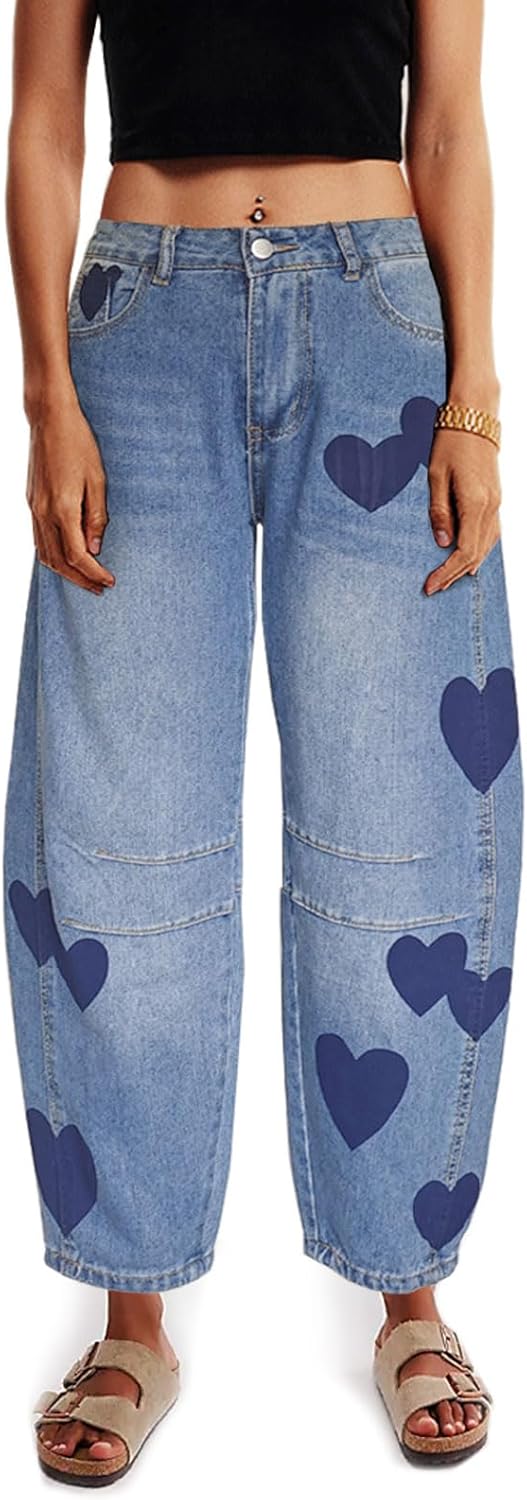 Barrel Denims for Ladies Mid Rise Coronary heart Printed Denim Ankle Pants Classic Saggy Boyfriend Denims