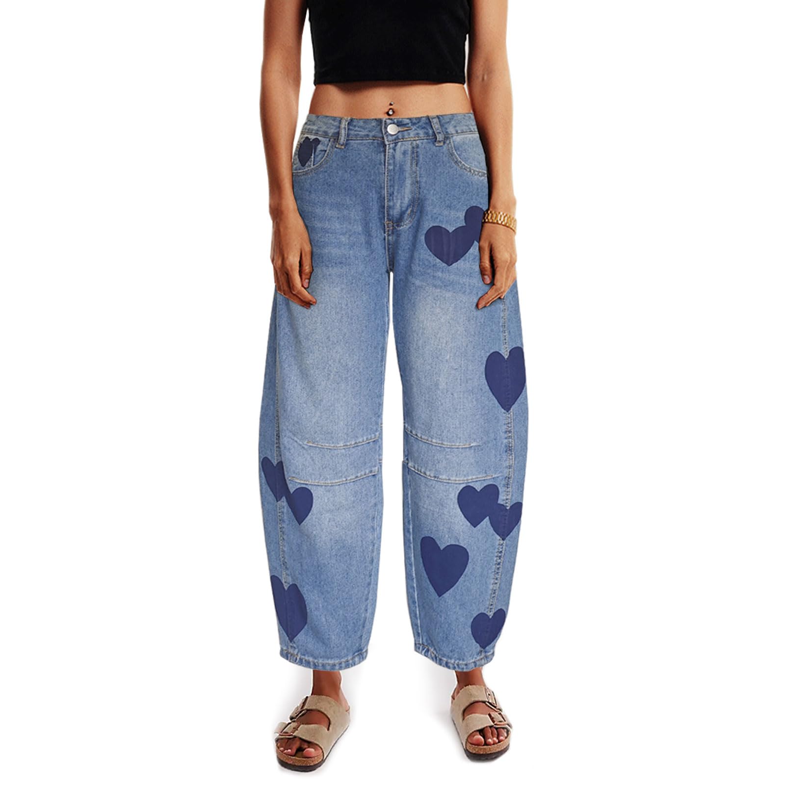 Barrel Jeans for Women Mid Rise Heart Printed Denim Ankle Pants Vintage Baggy Boyfriend Jeans, Blue, XL