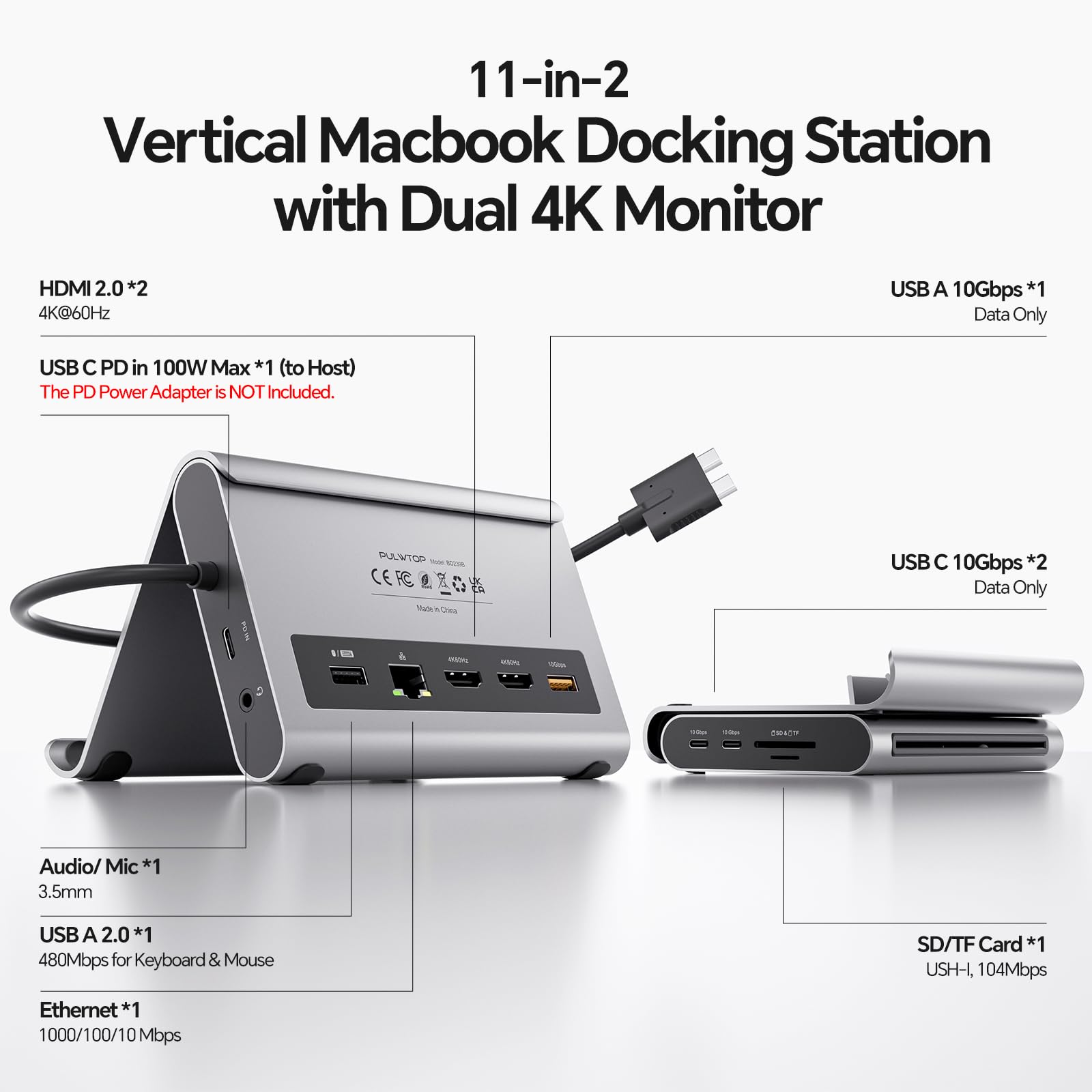Stacja dokująca do MacBook, podwójny monitor 4K 60 Hz, do MacBook Pro/Air M3 Pro/M4/M5 Pro, stacja dokująca USB C, podstawka pod laptopa z 2 HDMI, PD, Ethernet, USB A/C 10 Gbps, audio, SD/TF
